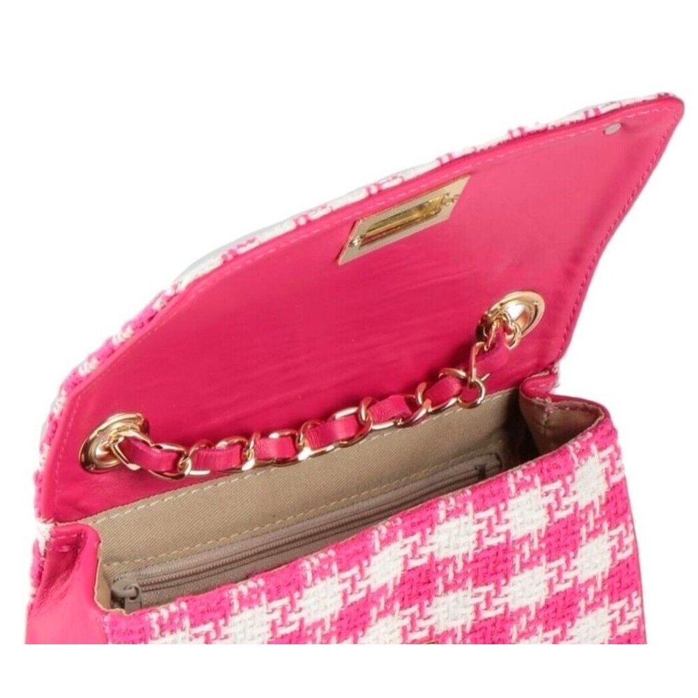 DESIGNER TSD12 PINK/WHITE CHECK FABRIC PRINT CHAIN DETAIL SMALL CROSSBODY BAG - Picture 3 of 13